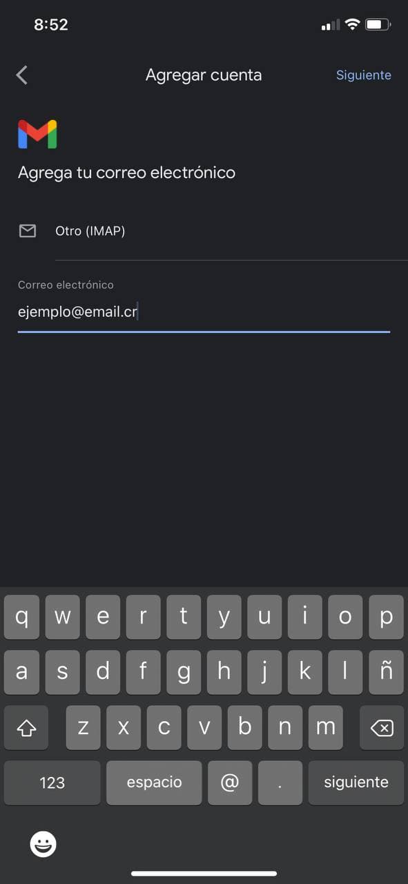 Paso 3 - Ingreso de la dirección de correo